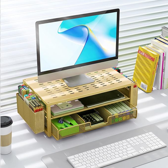 gianotter Desk Organizers and Accessories, Monitor Stand with Drawer and 2 Pen Holder, Desktop Organizer Suitable for Offices and Dormitories (Gold)