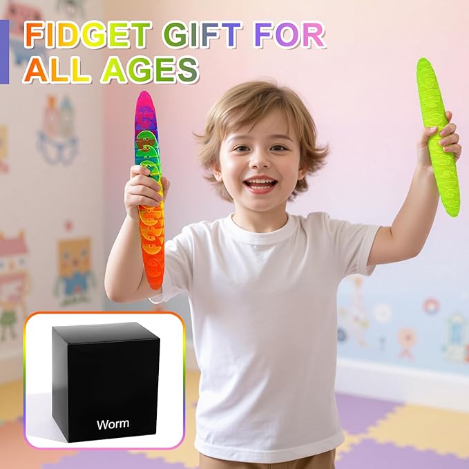 Fidget Worm: Fidget Toys Adults | 3-pack Sensory Toys for Kids & Teens | Quiet Fidgets,Small Anxiety Stress Relief Toy, Fidget Toy，Desk Fidgets for Autistic & Adhd Adults(Rainbow,Green,Blue)
