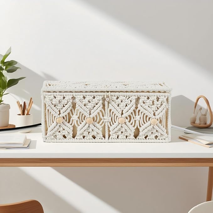 Cable Management Box Handmade Macrame Cord Storage Organizer Power Strips Outlet Router Adapter TV Wire Hider Cover Under Desk Natural Cotton Rope Woven Boxes with Lid (Off White, Medium)