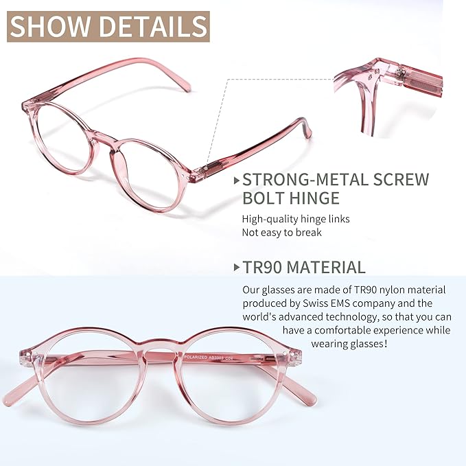 Blue Light Blocking Glasses Round Retro Computer Gaming Glasses Women Men UV Protection AB3303 (Black/Pink)