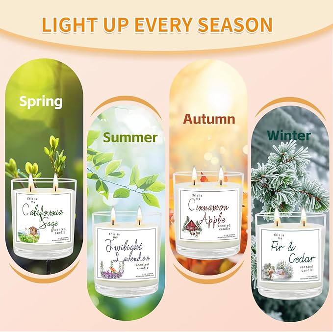 4 Pack Large Jar Candles with Double Wicks, Scented Candles for Home, 11.3oz Each, 240 Hour Burn Time, Aromatherapy Gift Set for Women, Cinnamon Apple, Lavender, Fir & Cedar, California Sage