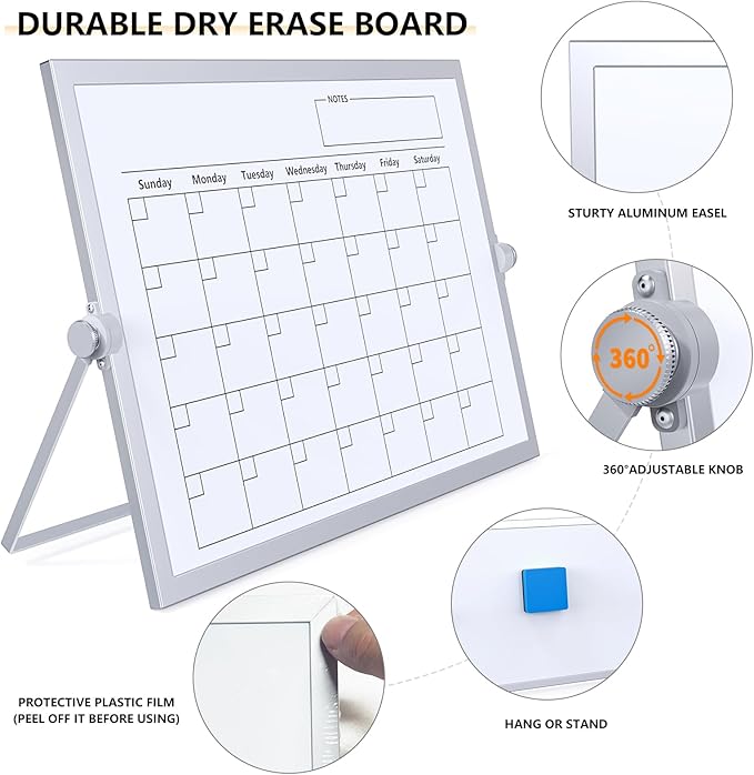 Dry Erase White Board, 16X12IN Magnetic Desktop Whiteboard Calendar with Stand, 8 Markers, 4 Magnets, 1 Eraser, Portable Double-Sided White Board Easel for Kids Memo to Do List Desk