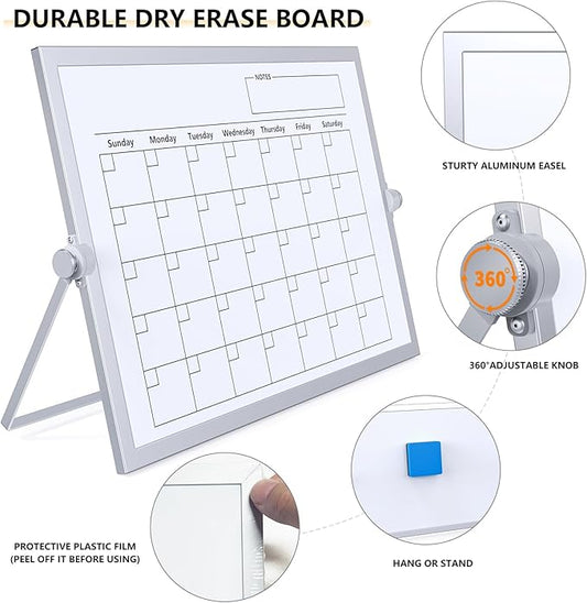 Dry Erase White Board, 16X12IN Magnetic Desktop Whiteboard Calendar with Stand, 8 Markers, 4 Magnets, 1 Eraser, Portable Double-Sided White Board Easel for Kids Memo to Do List Desk