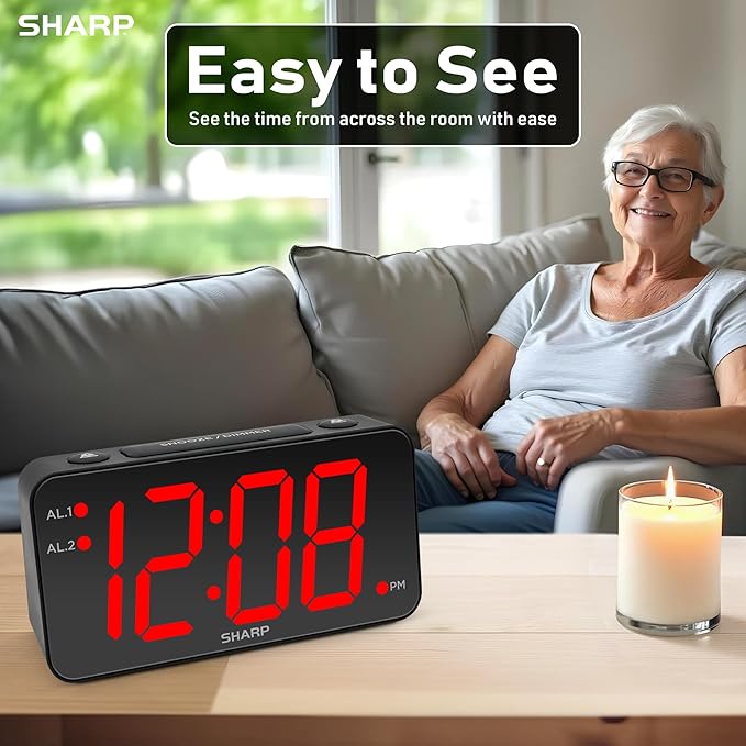 Sharp Digital Alarm Clock with Jumbo Numbers, Easy to See Large Numbers from Across Room with Simple Operation, Battery Back-up, Black Case with Red LED Display