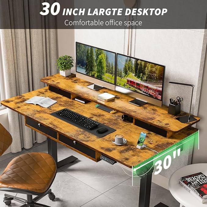 Standing Desk with Fast Charging USB Ports, 63" x 30" Height Adjustable Home Office & Gaming Desk, Sit Stand Desk with Built-in Storage Shelf, Hook & Ergonomic Design(Rustic Brown)