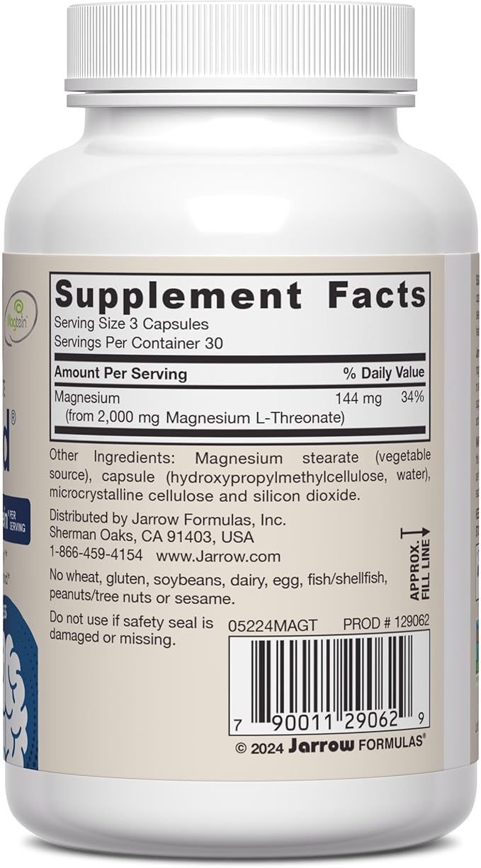 Jarrow Formulas Magnesium L-Threonate, MagMind Brain Supplements for Memory Support, 90 Veggie Capsules, Up to a 30 Day Supply, Pack of 12