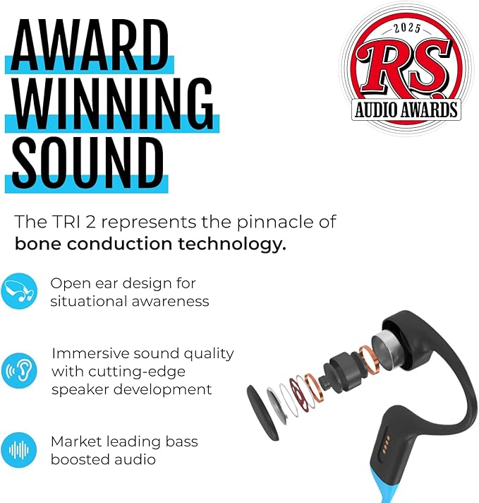 H2O Audio TRI 2 Multisport Waterproof Bone Conduction Open Ear Headphones, Bluetooth 5.3 for Running and Cycling, MP3 Mode for Swimming, 8GB Memory, 8.5-Hour Battery, Black