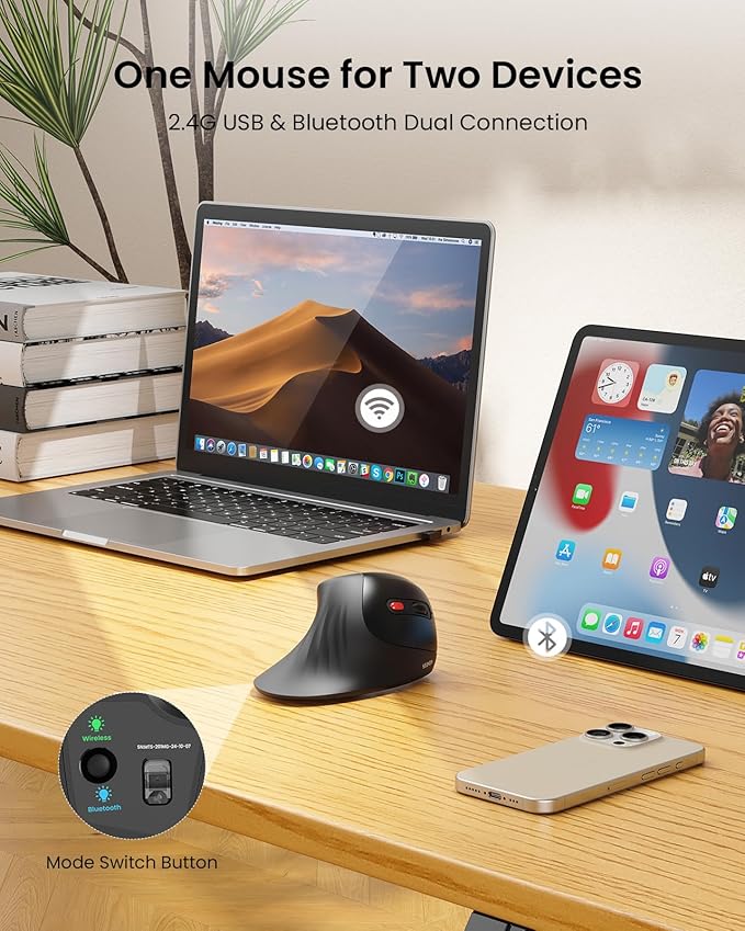 seenda Ergonomic Vertical Mouse with Jiggler - Bluetooth + 2.4G USB Multi Device, Wireless Ergo Mice, Jiggler Mouse Mover for Laptop/PC/Notebook, Computer Mice for Windows, Mac OS (Black)