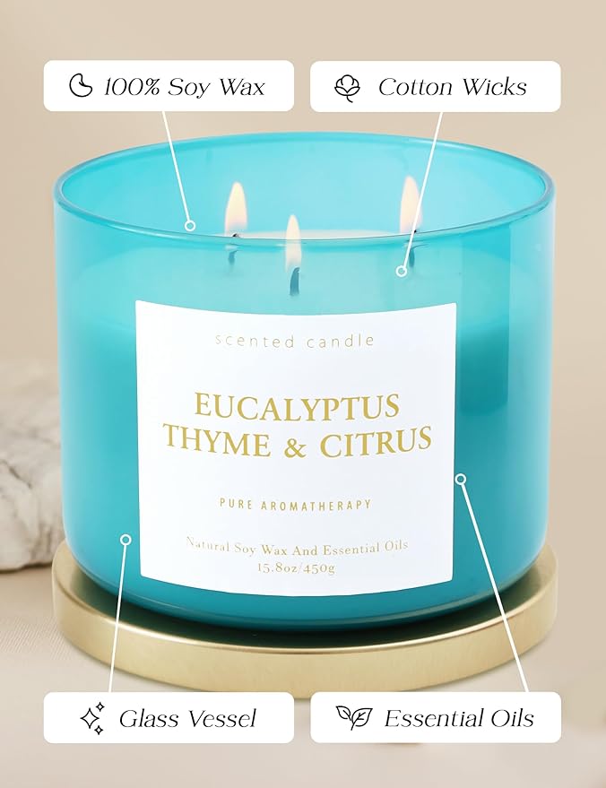 Eucalyptus Thyme Citrus Scented Candle - Large 3 Wick Soy Candle 15.8 oz - Aromatherapy Candle for Relaxation & Stress Relief - Calming Herbal Spa Scent - Long Lasting Candles for Women & Men