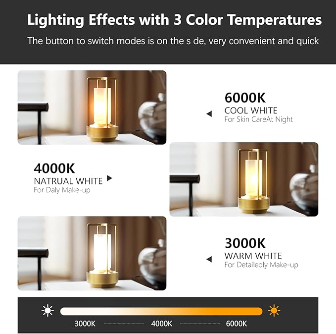 Table Lamp, Portable Cordless Rechargeable LED, 3-Colour Dimming, Gold, Ideal for Bedroom, Outdoor, Restaurants, Bars, Coffee Shops, Camping