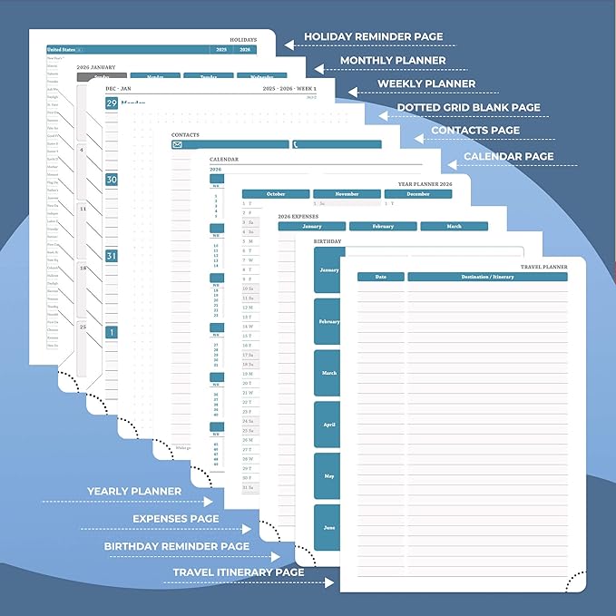 IN-LUXPRO Weekly Monthly 2026 Planner (Jan.26-Dec.26),8.5"x6.5",12 Months Agenda Plan with Month Tabs & Pocket,Expenses/Note Pages, Appointment Book Calendar with Hardcover Vegan Leather Cover,Blue