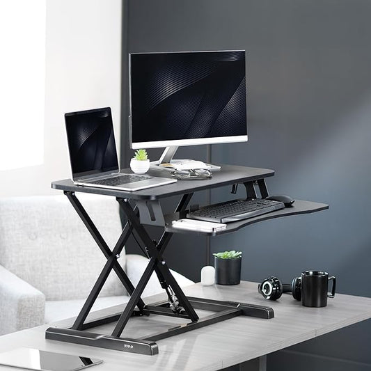 VIVO 32 inch Desk Converter, K Series, Height Adjustable Sit to Stand Riser, Dual Monitor and Laptop Workstation with Wide Keyboard Tray, Black, DESK-V000K