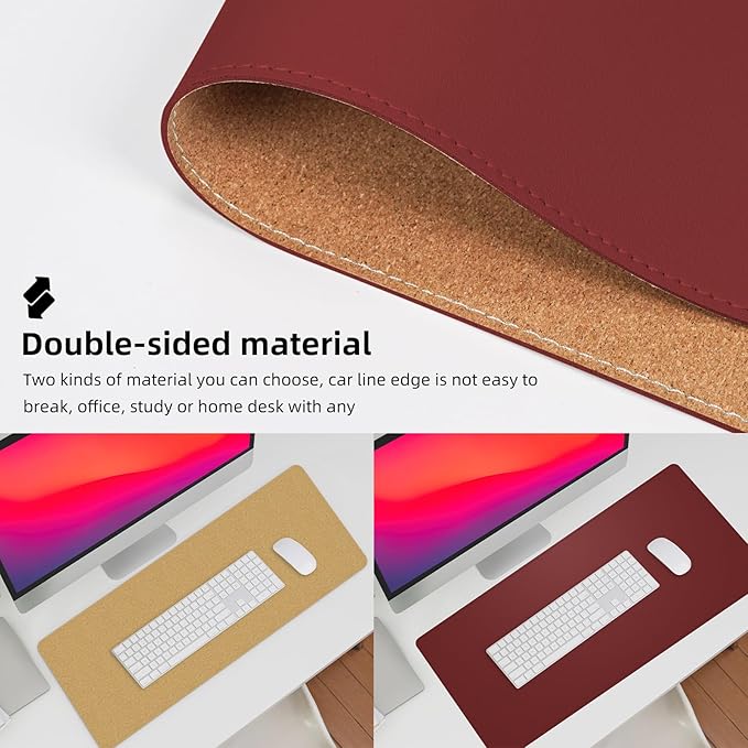 Desk Mat 31.5" x 17" Leather Desk Pad Protector with Natural Cork & PU Leather, Non-Slip Office Desk Mat, Double-Sided Large Mouse Pad, Waterproof Desk Pad for Office&Home (red)