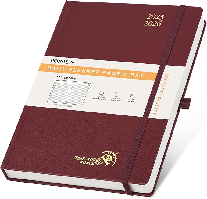 POPRUN 2025-2026 Daily Planner One Page Per Day (Large - 8.25'' x 12'') - Academic Calendar (July 2025 - June 2026), 2025 Day Appointment Book with Monthly Tabs, Hardcover - Burgundy