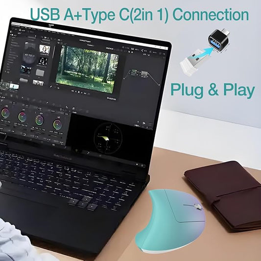 Vassink Ergonomic Wireless Rechargeable Mouse, USB A+Type C(2in 1) Connection, 800/1200/1600 DPI, 6 Buttons, 2.4GHz Carpal Tunnel Vertical Mice, for Laptop, Desktop,MacBook Purple Gradient Green