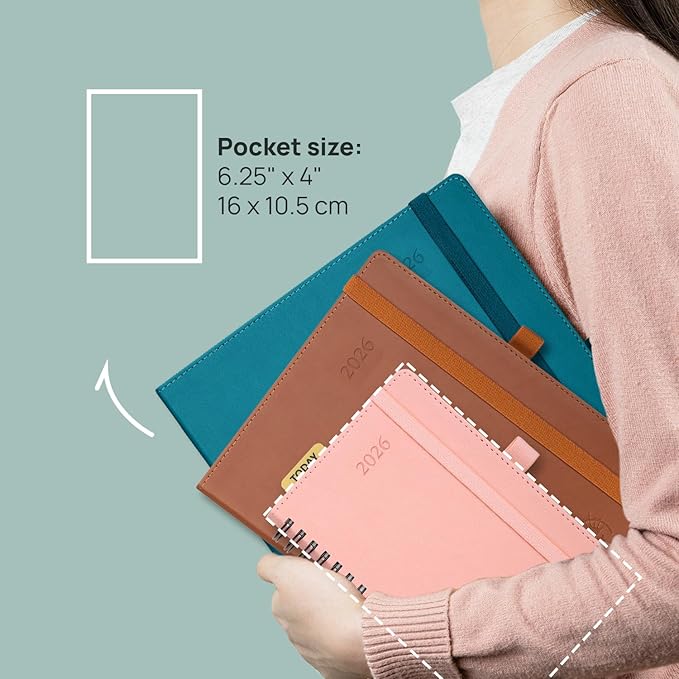 POPRUN Monthly Planner 2025-2026 Pocket Size (4" x 6.25") 18 Months Calendar (Jul 2025 - Dec 2026) - 4 Pages per Month with Monthly Expense & Notes, Sunday Start, Leather Cover - Brown