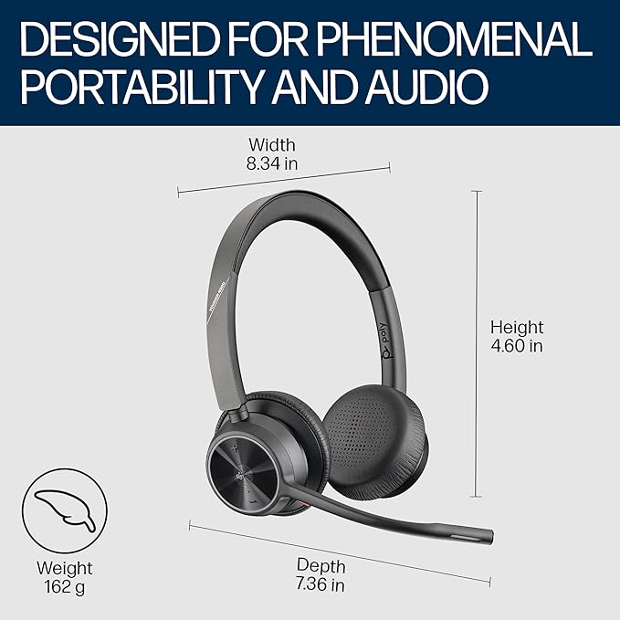 Poly Voyager 4320 UC Wireless Headset, Bluetooth Headphones with Mic - Noise-Canceling Boom Mic - Connect to PC via USB-C to USB-A Adapter, Cell Phone via Bluetooth - Microsoft Teams Certified