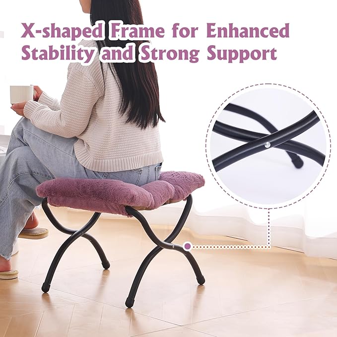 Welnow Folding Foot Stool, Upholstered Small Accent Ottoman with Detachable Thick Cotton Cushion Padded Sofa Stool and Metal Frame for Lazy Chair, Living Room, Bedroom, Plush Purple