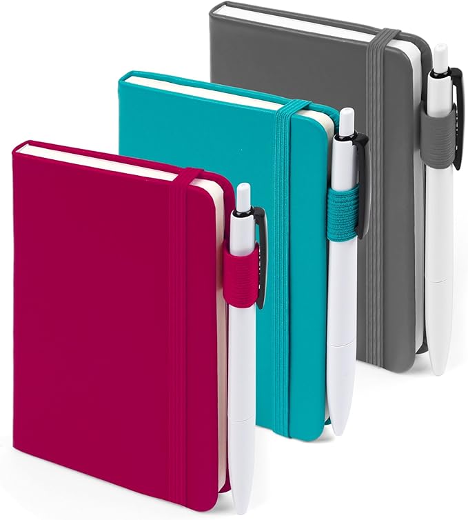 feela Pocket Notebook Journals, Mini Cute Small Hardcover College Ruled Notepad Office School Supplies, with 3 Black Pens, 3.5”x 5.5”, 3 Pack, A6, Solid Colors, Gray, Berry, Emerald