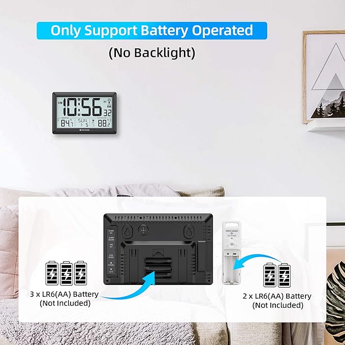 Atomic Clock with Indoor and Outdoor Temperature, Automatic Digital Clock Battery Operated, Large Display Wall Clocks or Desktop Clocks for Livingroom Office Bedroom Kitchen,Black