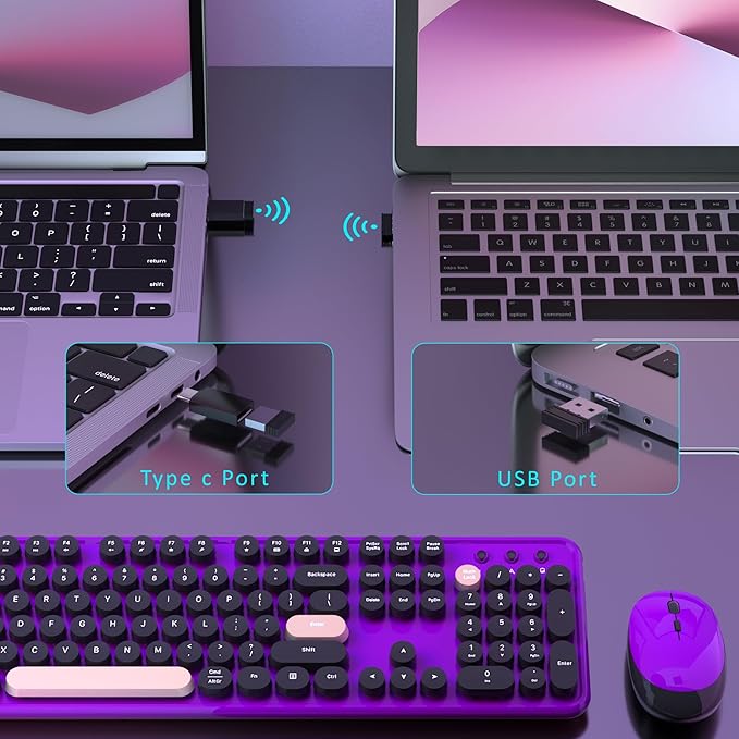 Wireless Computer Keyboards Mouse Combos, COVEVA Colorful Typewriter Retro Keyboard with Round Keycaps, USB Keyboard and Mouse Set 2.4GHz Full-Size Wireless Keyboard and Optical Mouse（Black-Purple）