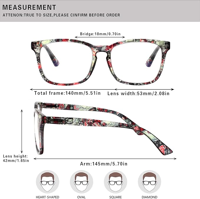 Henotin 4-Pack Blue Light Blocking Reading Glasses Women Men,Spring Hinge Computer Readers,Anti UV Ray Square Nerd Eyeglasses (Ladies Readers with Pattern Print, 1.5, Diopters)