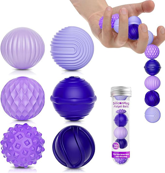 Silicone Magnetic Balls, Fidget Toys, 6-Pack Stress Relief Toys for Adults, Teens, Sensory Toy for Fingers Hands, Quiet Office Desk Toys with Textures, Magnet Fidget Fun Gift (Purple)