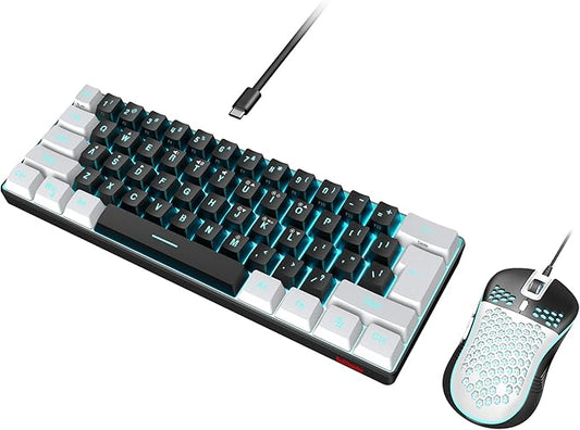 RedThunder 60% Gaming Keyboard and Mouse Combo, Ultra-Compact 61-Key RGB Backlit Mini Keyboard, Lightweight 7200 DPI Honeycomb Optical Mouse, RGB Wired Gaming Set for PC PS5 Xbox Gamer(Black-White)
