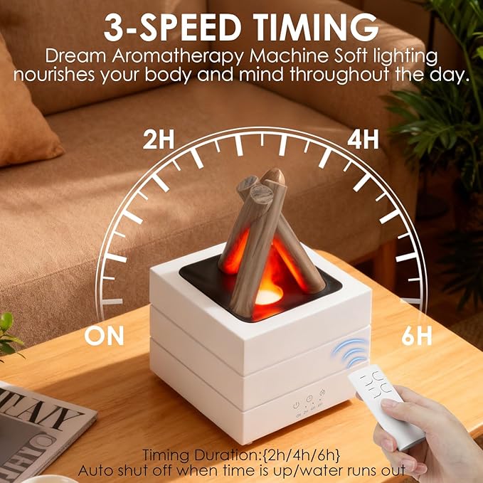 Campfire Flame Fire Diffuser, Bonfire Aromatherapy Essential Oil Diffuser, 280ml Wood Cool Mist Humidifier with 7 Colors LED Lights/Remote/Auto-Off, Fireplace Aroma Diffuser for Home Office Gift