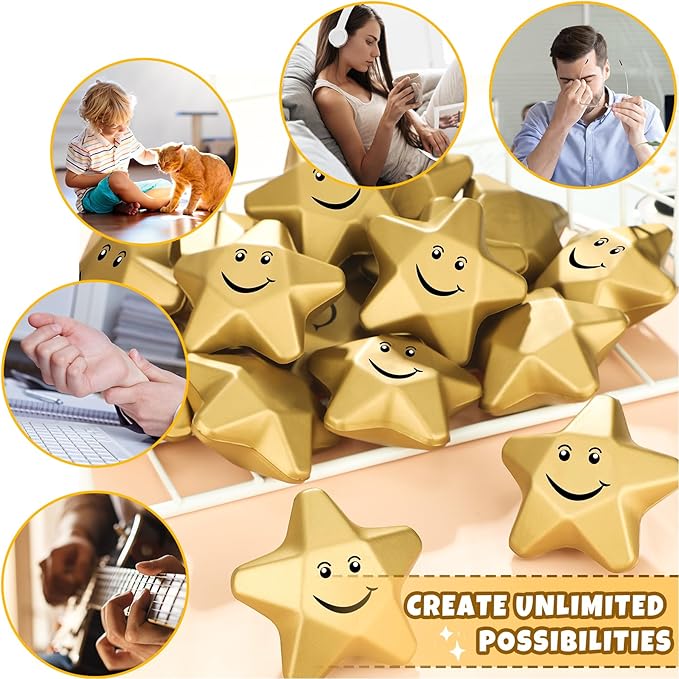 Deekin 36 Pieces Star Stress Balls Mini Foam Ball Stress Relief Toys for Teens and Adults Student Bag Fillers, Gold(Smile,3.1 Inch)