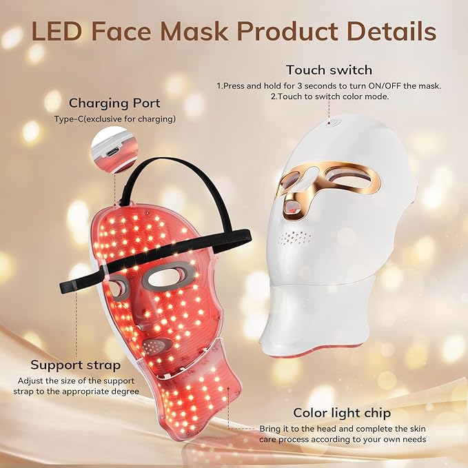 Red Light Therapy Mask for Face,Cordless LED Face Mask Light Therapy,USB C Rechargeable,Infrared Lights Masks for Home Working Travel Yoga Sleep (Amber)