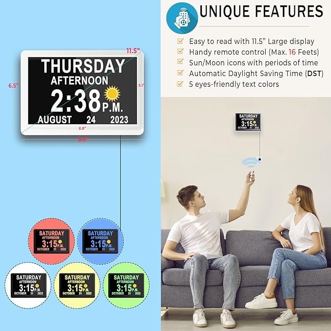 11.5 Inch Extra Large Digital Talking Clock with 19 Alarms, Auto DST, Talking Time, 20 Custom Reminders, 10-Level Auto Dimmer, Day Date Calendar Clock for Seniors Dementia Alzheimers', with Remote