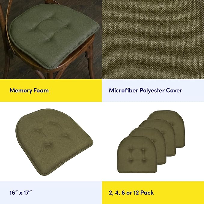 Sweet Home Collection Chair Cushion Memory Foam Pads Tufted Slip Non Skid Rubber Back U-Shaped 17" x 16" Seat Cover, Army Green 6 Count