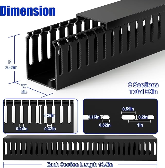 99in (6x L16.5in) Professional Server Rack Cable Management Raceway, H2.4in x W2in Large Capacity Cable Raceway Kit, Electrically Safe PVC, Open Slot Wire Raceway for Under Desk/Computer/Network Cords