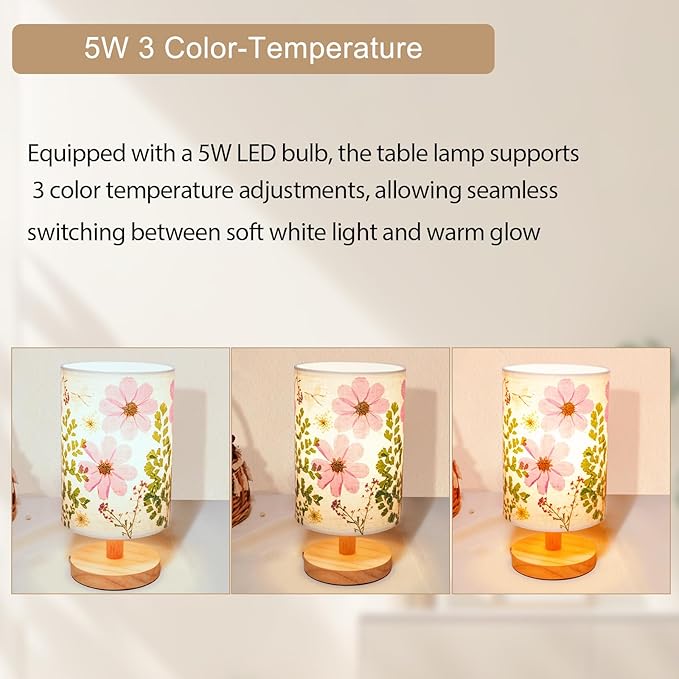 Dried Flowers Table Lamp 5W LED 3-Color Pressed Flower Bedside Lamp Linen Shade with Wood Base for Bedroom Living Room Desk Office