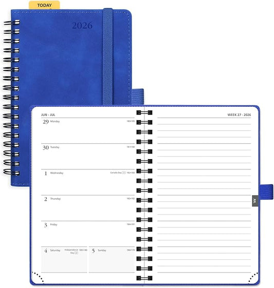 POPRUN 2026 Planner Weekly Notebook (Jan-Dec), Small Size 4''x 6.25'' - 2026 Pocket Calendar for Purse with Spiral Soft Cover, Plastic Ruler, Inner Pocket, 100 GSM - Royal Blue