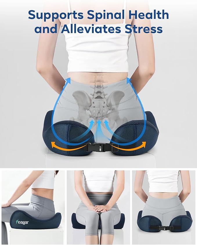 Feagar Seat Cushion - Office Chair Cushion for Hip, Sciatica & Tailbone Pain Relief - Memory Foam Pressure Relief Seat Cushion, Large Wrapped Design for Wheelchair, Car Seat & Long Sitting (Blue)