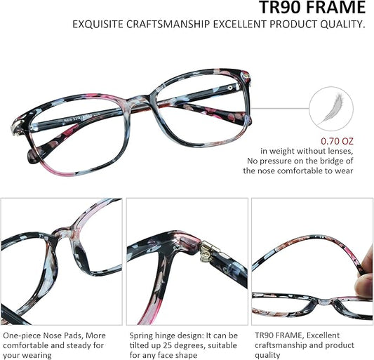 VisionGlobal Blue Light Blocking Glasses for Women, Anti Eyestrain, Computer Reading, TV Glasses, Stylish Square Frame, Anti Glare(+5.00 Magnification)