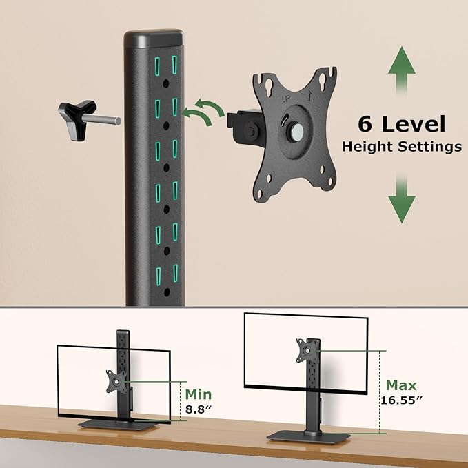 Single Monitor Mount with Power Outlet, Freestanding Monitor Stand for 13 inch to 32 inch Flat Curved Screen with Metal Base, 6 Heights Adjustable,Swivel, Tilt, Rotation, Max VESA 100x100mm