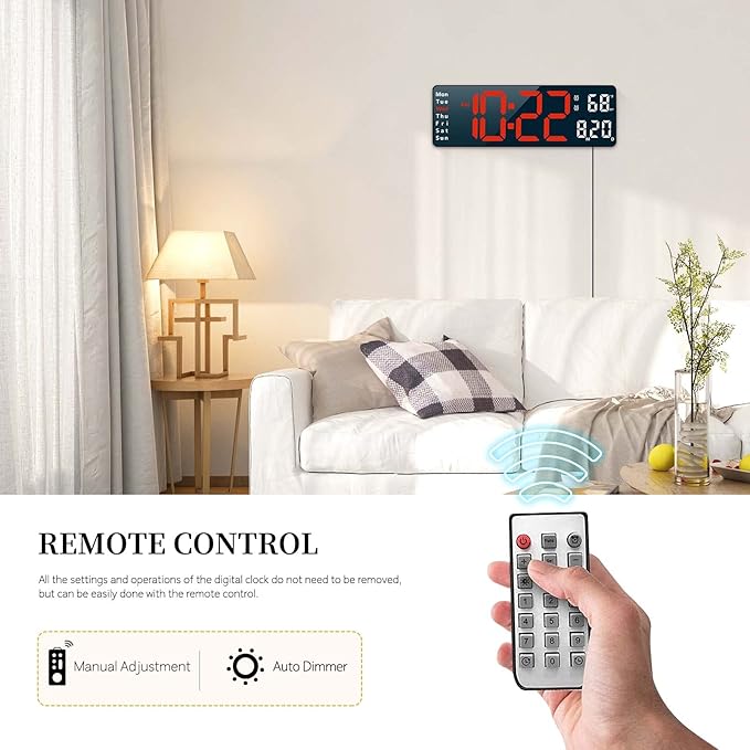 Digital Clock, Digital Wall Clock for Living Room Decor, Desk Alarm Clock for Bedroom, Large Wall Clock with Remote Control, Automatic Brightness Dimmer LED Clock with Date Temperature Week (Red-B)