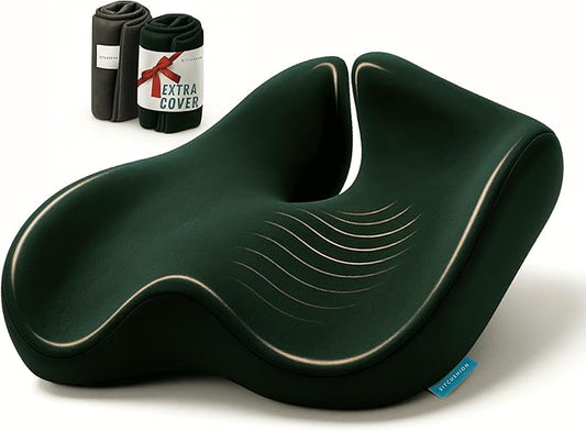 Pressure Relief Seat Cushion for Tailbone Pain – X Large Office Chair Cushion for Back Pain, Coccyx & Sciatica Pain Relief Pillow. Memory Foam Seat Cushions for Office Chairs + Extra Cover (Green)