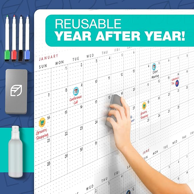 Large Dry Erase Calendar for Wall, 38" x 60" - Undated, Yearly, Reusable - Full 12 Month Year - Includes Markers, Eraser & Accessories