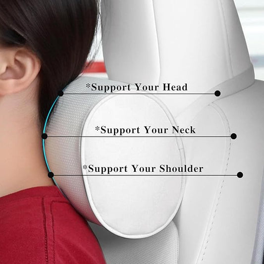 Car Headrest Pillow for Driving - Luxury Leather 100% Memory Foam, Ergonomic Neck Support - Universal Fit Head Rest Travel Pillow for Most Cars, Home & Office, White, 2 Pack