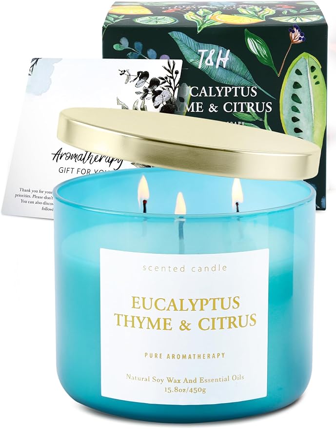 Eucalyptus Thyme Citrus Scented Candle - Large 3 Wick Soy Candle 15.8 oz - Aromatherapy Candle for Relaxation & Stress Relief - Calming Herbal Spa Scent - Long Lasting Candles for Women & Men