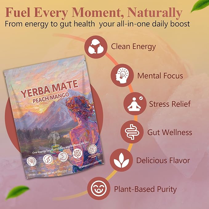 Yerba Mate Instant Tea Powder - Clean Energy, Boosts Focus, Low Sugar & Caffeine, Gut Health, Peach Mango - 30 Servings