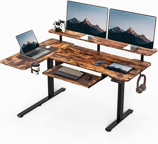 59 Inch L Shaped Standing Desk with Shelves and Keyboard, Electric Corner Standing Desk Adjustable Height, Sit Stand Computer Table with Reversiable Splice Board，Rustic Brown