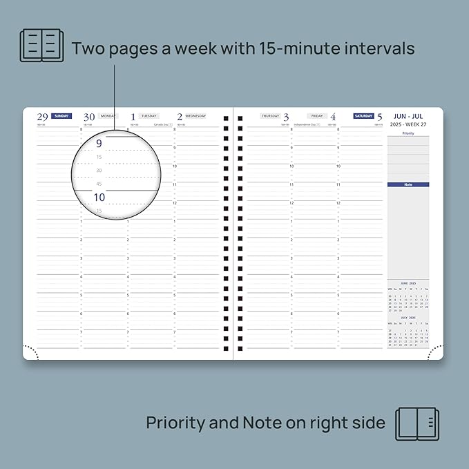 POPRUN 2025-2026 Weekly Planner 7.25'' x 8.25''Academic Spiral Appointment Book (July 2025-June 2026) with Quarter-Hourly Schedule, Monthly Tabs, Leather Softcover, Inner Pocket - Soft Pink