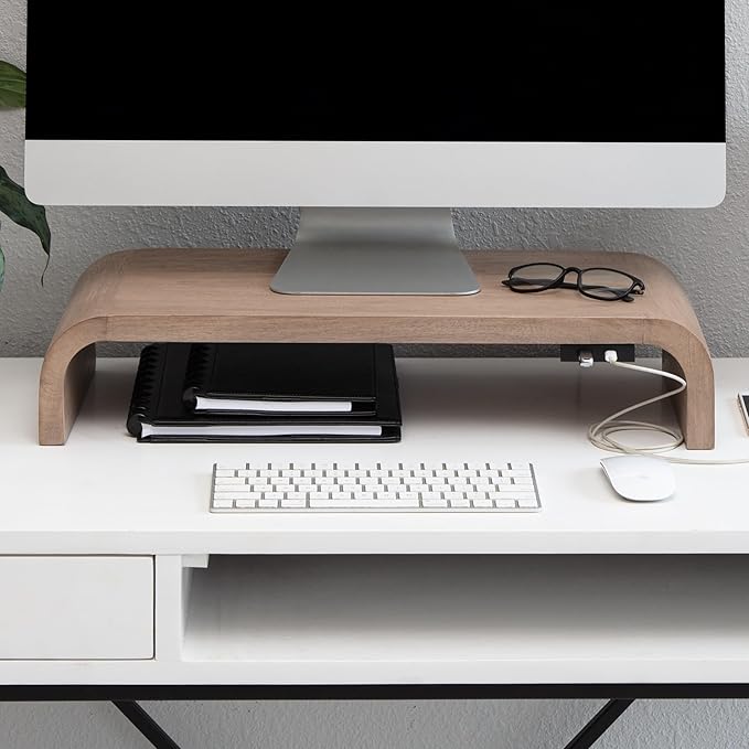 Anji Mountain Wood Monitor Stand Riser Desk Desktop Organizer Table for Home, Office Workspace, Laptop Riser, Ergonomic Design Stand for Gaming Setup, with Power Source, Biscotti