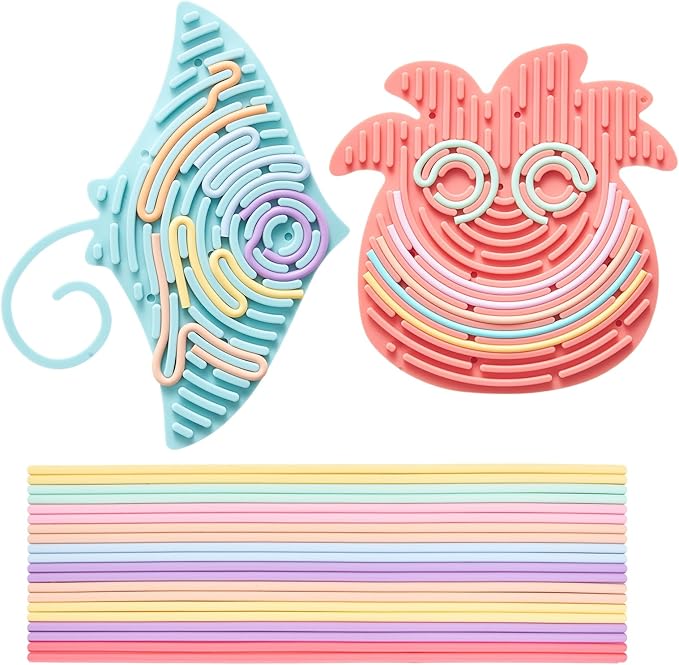 2 Pack Sensory Activity Board with 20 Random-Color Strings, Double-Sided Silicone Sensory Fidget Toy for Kids and Adults with Autism, ADHD, Silent, Stress Relief, Calming, Focus, Gift for Girls Boys