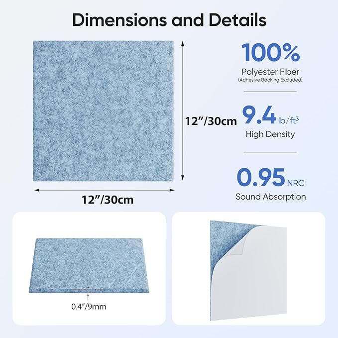 12 Pack 12" X 12" X 0.4" Acoustic Panels for Wall Sound Absorbing,Square Self-Adhesive Sound Panels, High Density Suitable for Multiple Scenarios(Light Sky Blue)